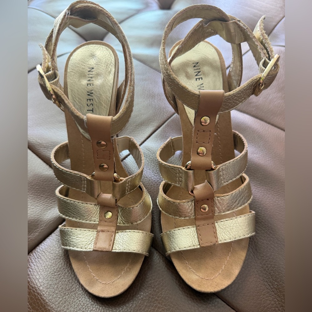 Nine West Gold and Brown Strappy Wedge Sandals